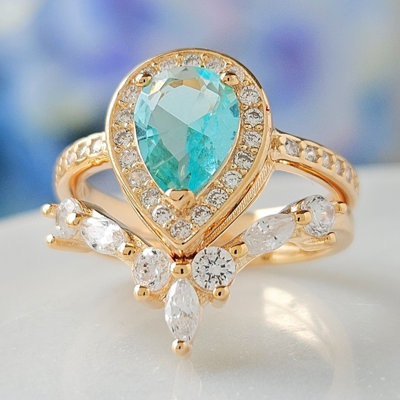 Blue & Teal tourmaline ombre stone ring set , 925 Sterling Silver Charmed Aroma - Picture 1 of 4